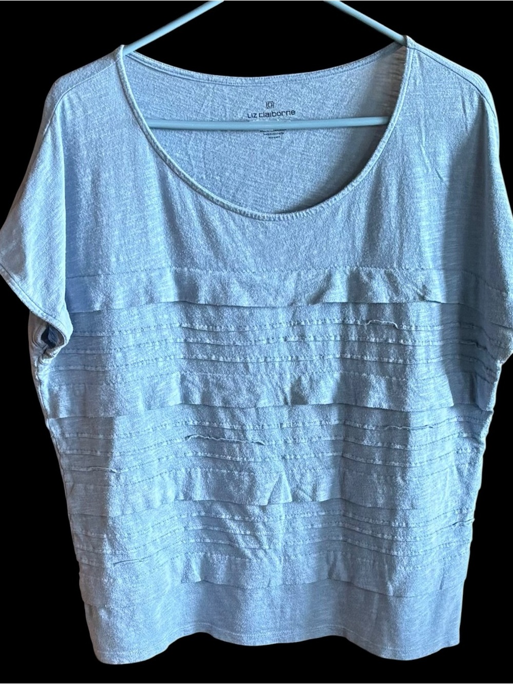 Women's extra large Liz Claiborne top in soft baby blue knit: ruffled tier front